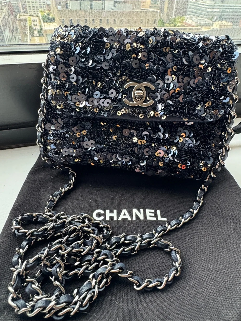 CHANEL Midnight Blue Sequin Mini Flap Crossbody Bag with Silver CC